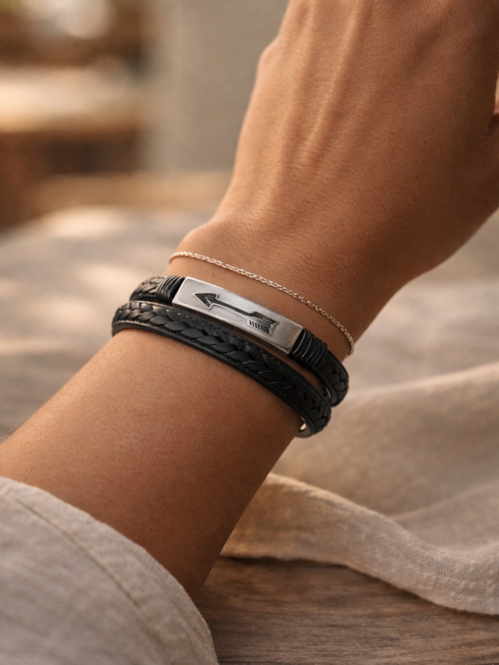 NWT Black Leather Braided Bracelet Arrow Stainless Steel Magnetic Clasp Boho